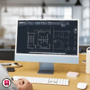 Imagen representativa del curso de AutoCAD 2D de Arq.tec, con el logo de AutoCAD en la esquina inferior y una vista de planos técnicos en pantalla.