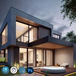 Imagen del curso 3Ds MAX 0 a 100 de Arq.tec, mostrando un modelo 3D arquitectónico renderizado con iluminación realista y postproducción en Photoshop.