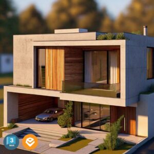 Imagen del curso 3Ds MAX + Enscape de Arq.tec, mostrando un modelo arquitectónico renderizado con iluminación realista y materiales detallados en Enscape.