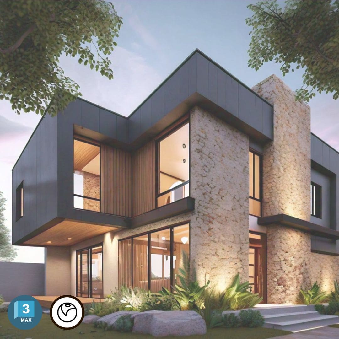 Imagen del curso 3Ds MAX + V-Ray de Arq.tec, mostrando un modelo arquitectónico renderizado con materiales realistas, luces y sombras detalladas mediante V-Ray.