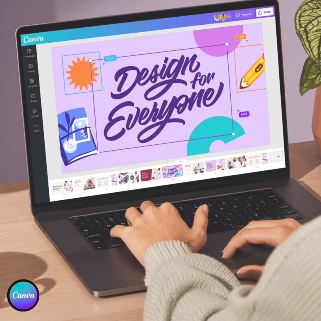 Imagen del curso Diseño con Canva de Arq.tec, mostrando presentaciones, piezas gráficas y láminas arquitectónicas creadas con la plataforma.