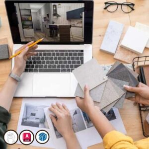 Imagen del curso Diseño de Interiores 0 a 100 de Arq.tec, mostrando ambientes interiores diseñados en SketchUp y planos técnicos realizados en AutoCAD, junto con paletas de color y moodboards conceptuales.