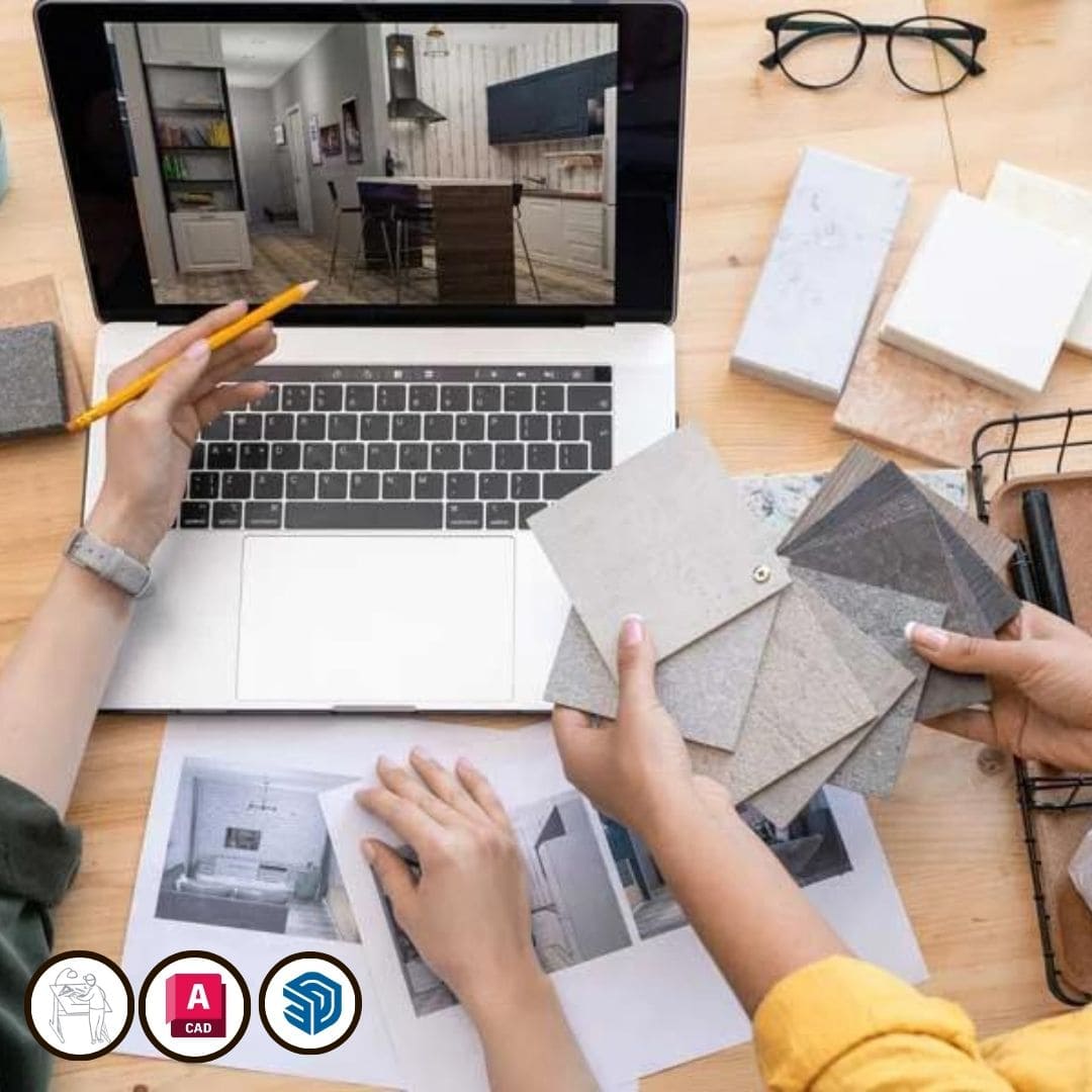 Imagen del curso Diseño de Interiores 0 a 100 de Arq.tec, mostrando ambientes interiores diseñados en SketchUp y planos técnicos realizados en AutoCAD, junto con paletas de color y moodboards conceptuales.