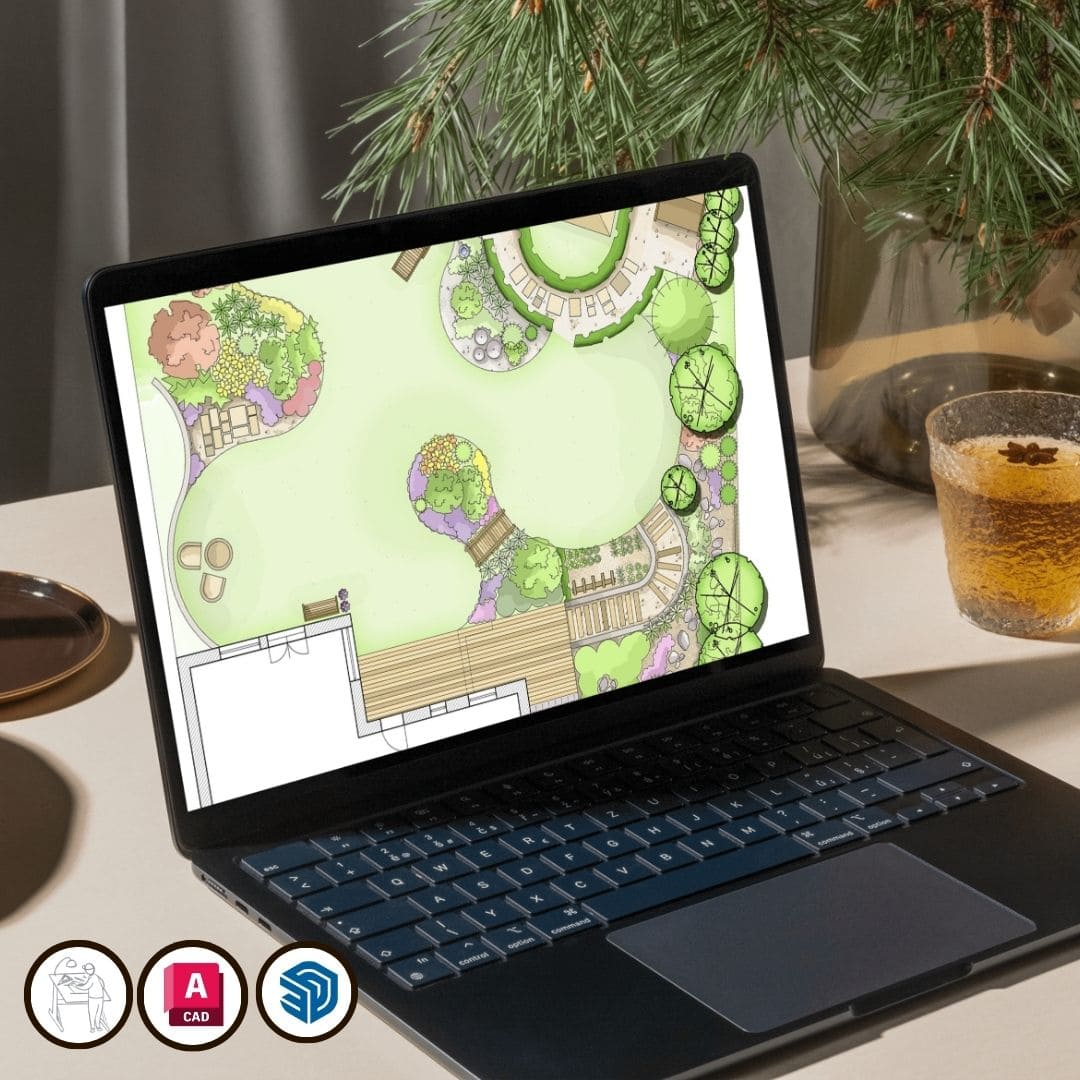 Imagen del curso Diseño del Paisaje 0 a 100 de Arq.tec, mostrando planos paisajísticos en AutoCAD, representaciones gráficas editadas en Photoshop y composiciones naturales con vegetación, recorridos y mobiliario urbano.