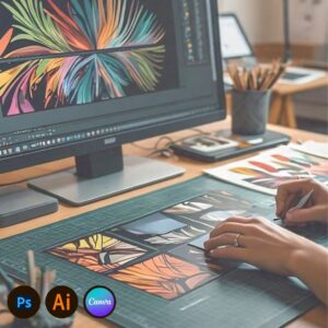 Imagen del curso Diseño Gráfico 0 a 100 de Arq.tec, mostrando composiciones creadas con Photoshop, Illustrator y Canva aplicadas a la arquitectura y el diseño visual.
