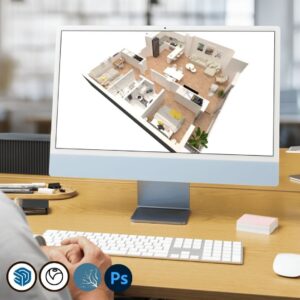 Imagen del curso Diseño y Visualización de Interiores de Arq.tec, mostrando una escena interior renderizada con V-Ray y Lumion, junto con moodboards, planos y postproducción en Photoshop.