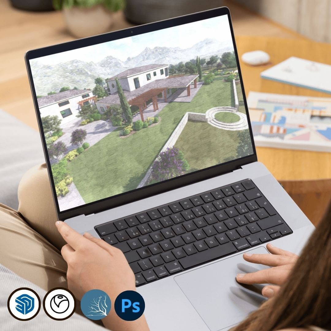 Imagen del curso Diseño y Visualización de Paisajes de Arq.tec, mostrando una escena exterior renderizada con vegetación, mobiliario urbano y recorridos creados en SketchUp, V-Ray y Lumion, con retoques finales en Photoshop.