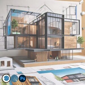 Imagen del curso Entregas Finales de Arq.tec, mostrando una escena arquitectónica renderizada en Lumion, modelada en SketchUp y retocada en Photoshop para presentación final profesional.