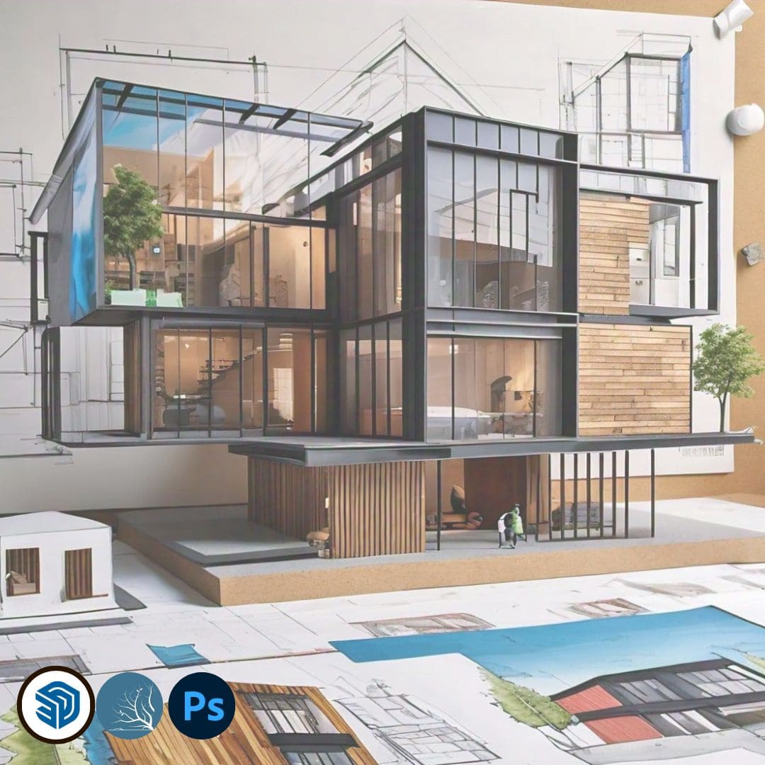 Imagen del curso Entregas Finales de Arq.tec, mostrando una escena arquitectónica renderizada en Lumion, modelada en SketchUp y retocada en Photoshop para presentación final profesional.