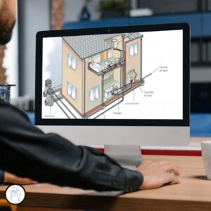 Persona utilizando una computadora con un esquema de instalaciones sanitarias y de servicios, representando el contenido del curso Instalaciones 0 a 100.