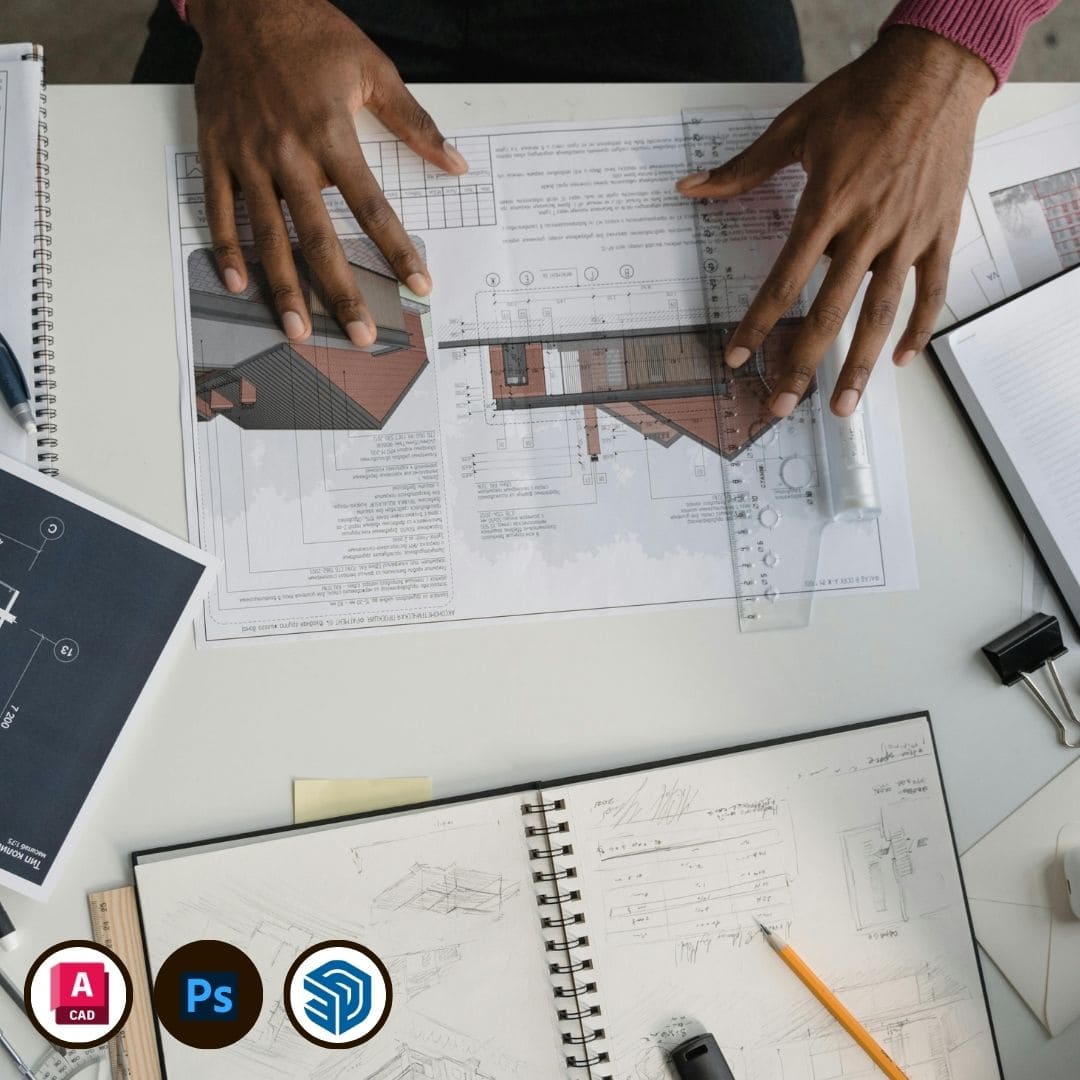 Imagen representativa del curso de Introducción a la Arquitectura de Arq.tec, con logos de AutoCAD, Photoshop y SketchUp, mostrando planos, renders y modelos 3D.