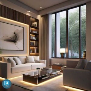 Imagen del curso Modelado 3D con 3Ds MAX de Arq.tec, mostrando un modelo arquitectónico tridimensional renderizado con iluminación realista.