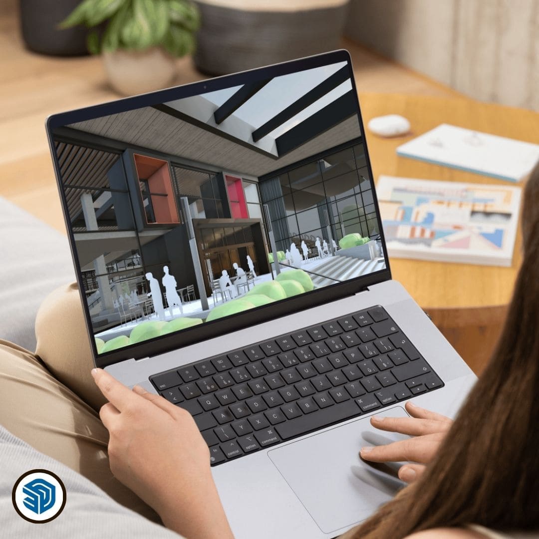 Imagen del curso Modelado 3D con SketchUp de Arq.tec, mostrando un modelo tridimensional arquitectónico realizado en SketchUp.