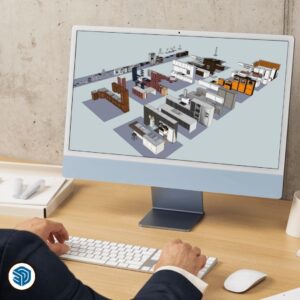 Imagen del curso Modelado de Muebles con SketchUp de Arq.tec, mostrando muebles 3D modelados en SketchUp sobre un escritorio de diseño.