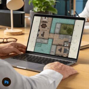 Imagen representativa del curso de Postproducción con Photoshop de Arq.tec, con el logo de Photoshop y un render arquitectónico en proceso de edición.