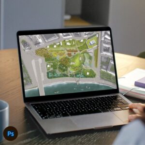 Imagen del curso Photoshop para Paisaje de Arq.tec, mostrando un render de paisaje intervenido digitalmente con iluminación, vegetación y efectos atmosféricos.