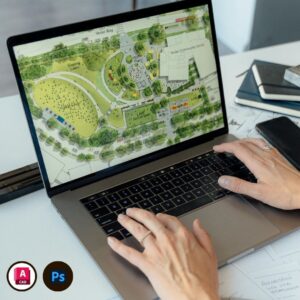Imagen representativa del curso de Planimetría con AutoCAD y Photoshop de Arq.tec, con logos de ambos programas y planos arquitectónicos renderizados en pantalla.