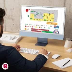 Imagen representativa del curso de Planos de Evacuación con AutoCAD de Arq.tec, con el logo de AutoCAD en la esquina y planos técnicos de seguridad en pantalla.