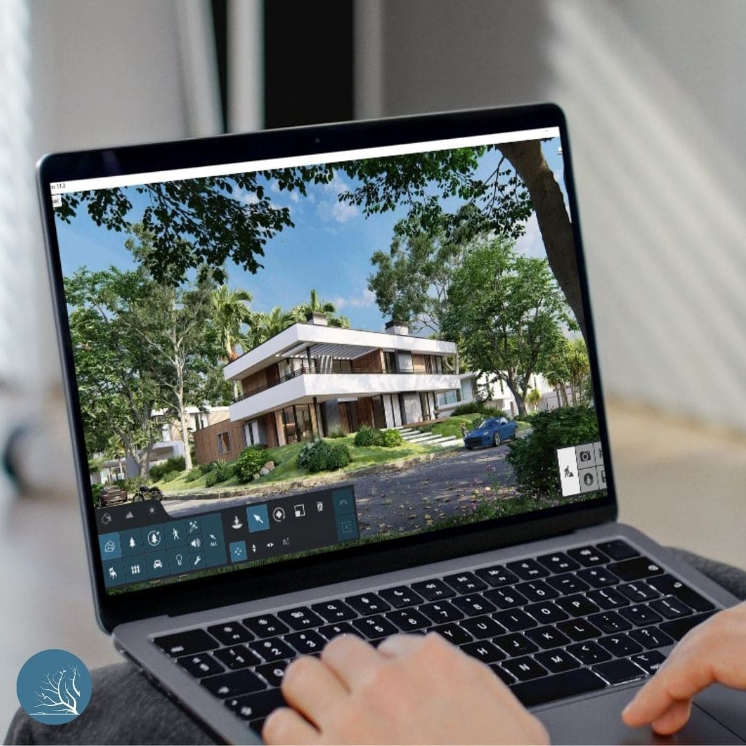 Imagen del curso Renderizado con Lumion de Arq.tec, mostrando visualizaciones arquitectónicas fotorrealistas de exteriores e interiores.