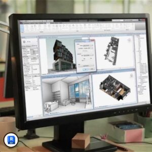 Imagen del curso Revit 0 a 100 de Arq.tec, mostrando un modelo BIM con arquitectura, estructuras, instalaciones MEP y documentación técnica.