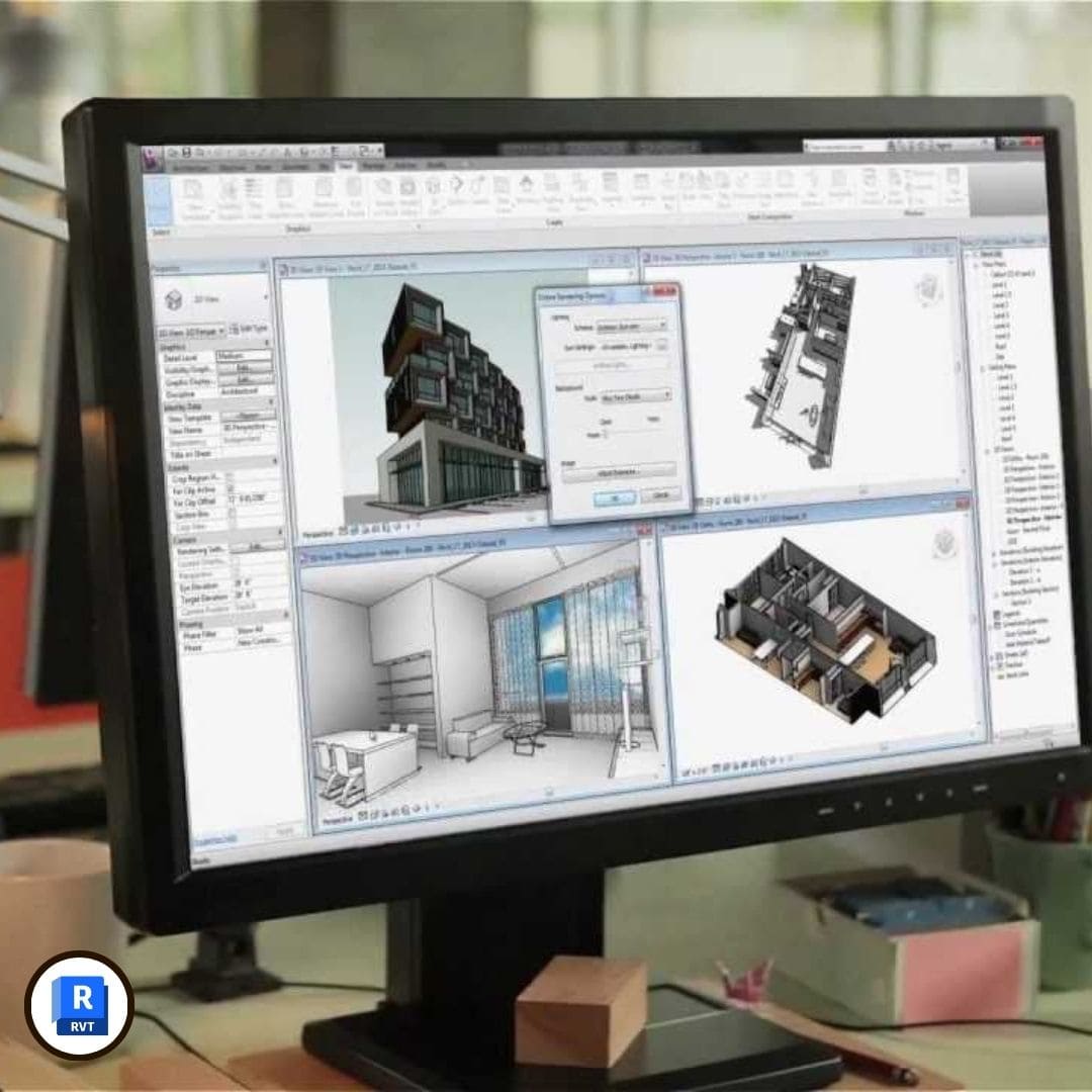 Imagen del curso Revit 0 a 100 de Arq.tec, mostrando un modelo BIM con arquitectura, estructuras, instalaciones MEP y documentación técnica.