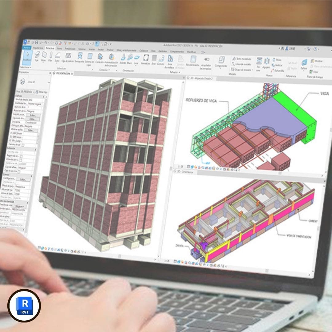 Imagen del curso Revit Estructuras de Arq.tec, mostrando un modelo BIM estructural con vigas, columnas y losas modeladas en Revit.