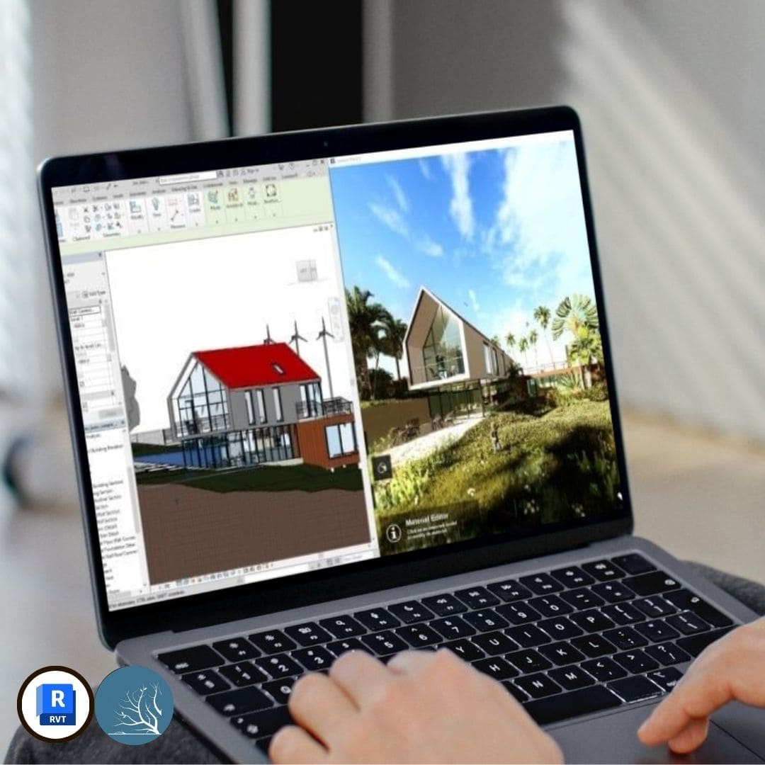 Imagen del curso Revit + Lumion de Arq.tec, mostrando un modelo BIM renderizado con efectos realistas de luz, vegetación y materiales en Lumion.