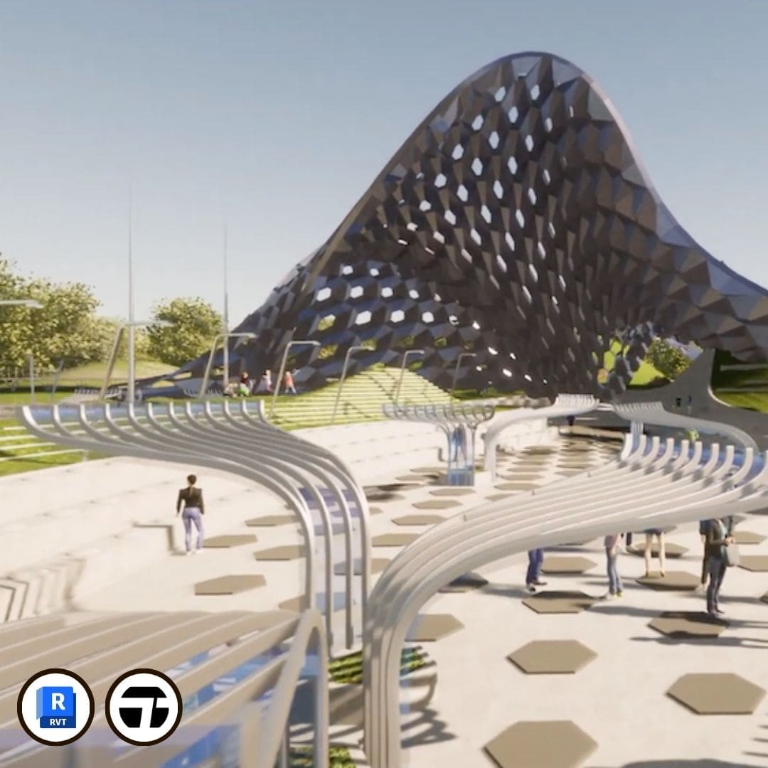 Imagen del curso Revit + Twinmotion de Arq.tec, mostrando un modelo BIM renderizado con iluminación realista, materiales PBR y entorno dinámico en Twinmotion.