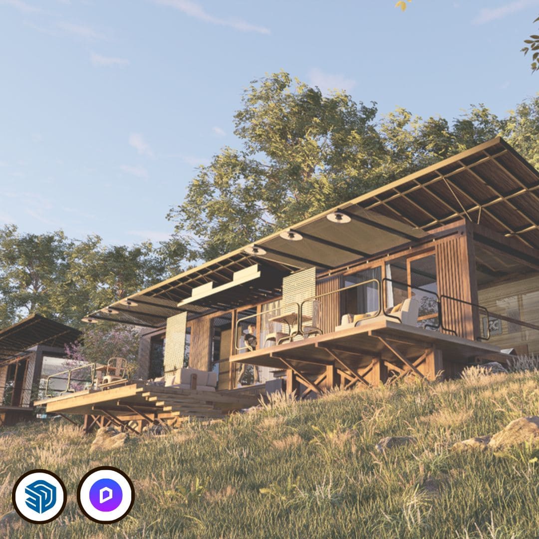 Imagen del curso SketchUp + D5 Render de Arq.tec, mostrando una visualización arquitectónica con iluminación realista creada a partir de un modelo 3D.