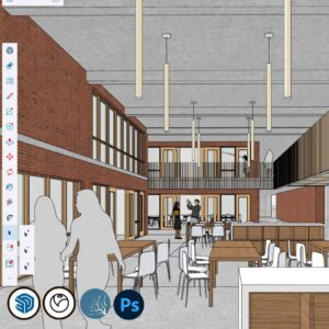 Imagen del curso Visualización Arquitectónica de Arq.tec, mostrando renders, modelos 3D y postproducción de proyectos realizados con SketchUp, V-Ray, Lumion y Photoshop.