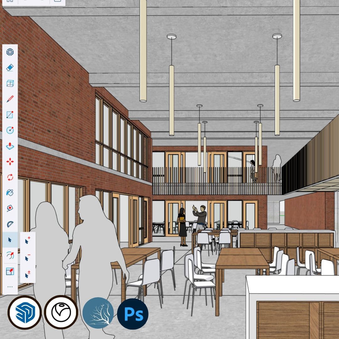 Imagen del curso Visualización Arquitectónica de Arq.tec, mostrando renders, modelos 3D y postproducción de proyectos realizados con SketchUp, V-Ray, Lumion y Photoshop.